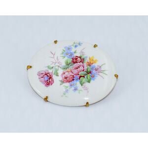 Victorian Edwardian Porcelain Cameo Hand Painted Floral Peonies Pin Brooch